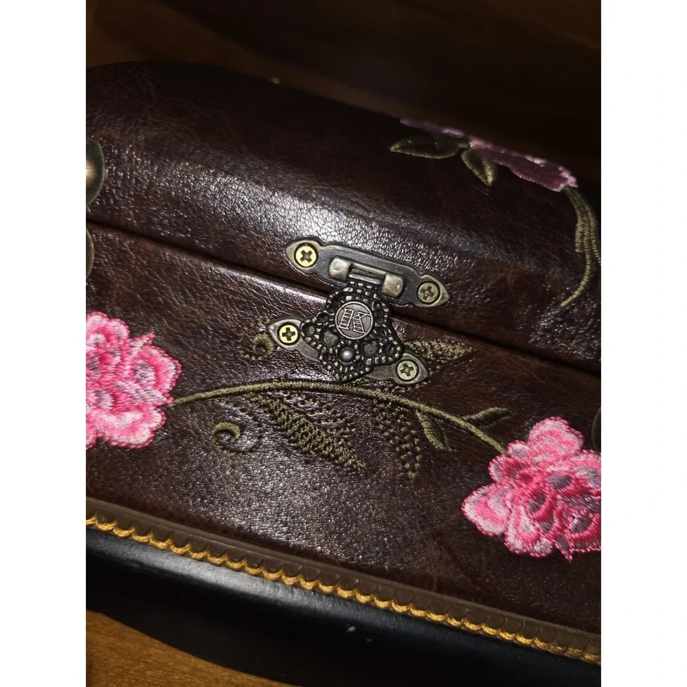 Brown Faux Leather Floral Decorative Box with Embroidered Flowers
